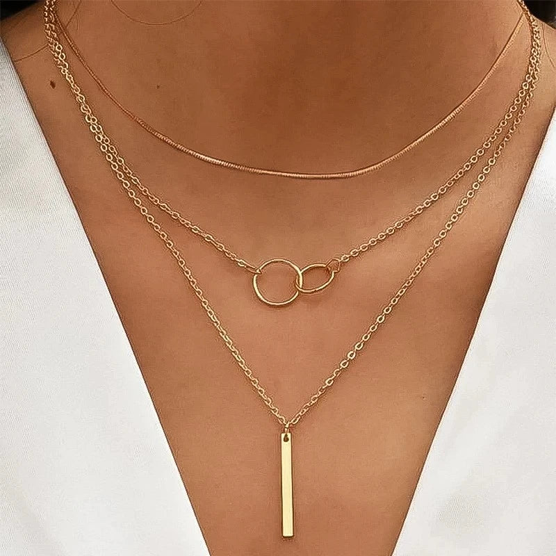 Collier Pendentif Barre Métal Multicouche | Or Chaîne Clavicule | Port Quotidien | Bijou Femme