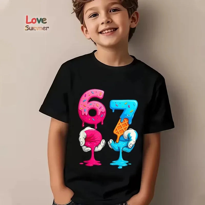 Boys' T-Shirt 6-7 Years T-Shirt 67 Number Print Casual Italian Brainrot Summer Top Suitable for Funny Gift for Casual Attire