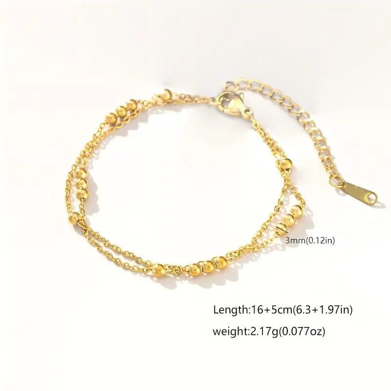 Bracelet Femme Plaqué Or | Double Rang Perles Rondes Rétro | Acier Inoxydable | Cadeau Anniversaire