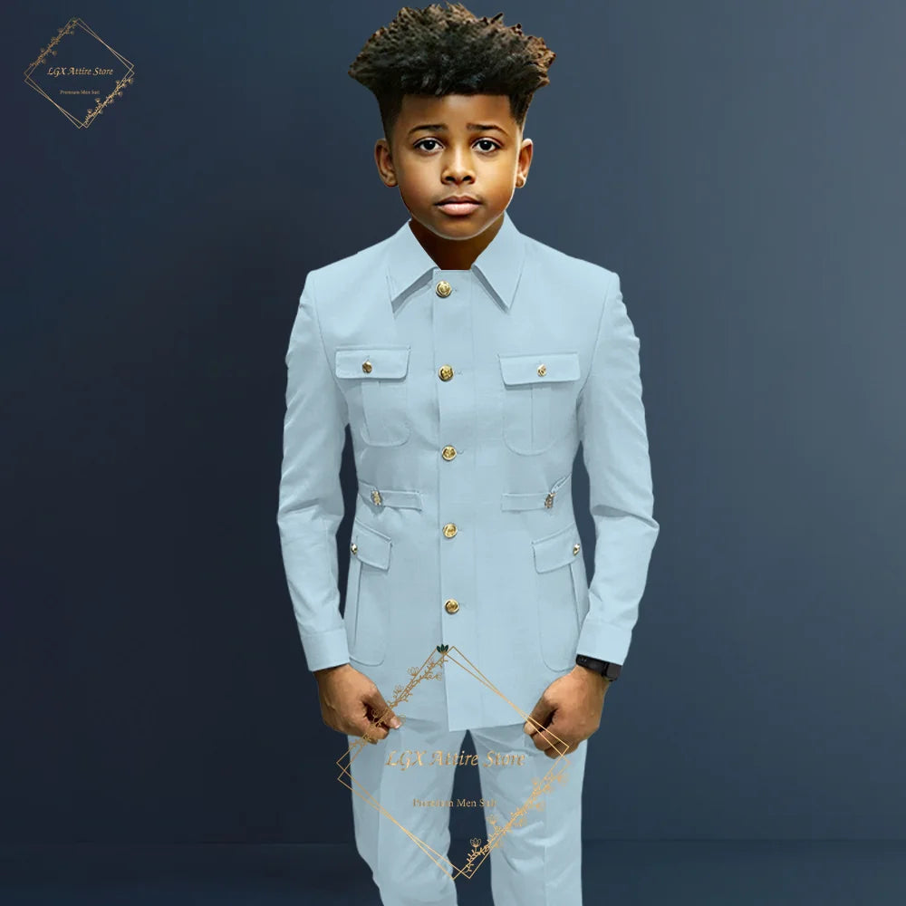 Boys single-breasted formal 2-piece suit, boys Zhongshan suit style long coat classic design suitable for ages 2-16