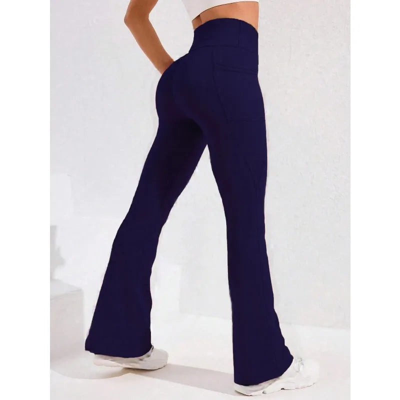 High Waist Flare Leg Yoga Pants Women with Pocket Push Up Butt Running Tights Wide Leg Pants Gym Outdoor Cycling Leggings