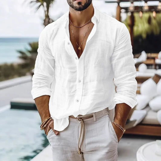 Chemise en coton et lin pour homme, style plage d'été, couleur unie, simple boutonnage, chemises respirantes, hauts boutonnés légers et élégants