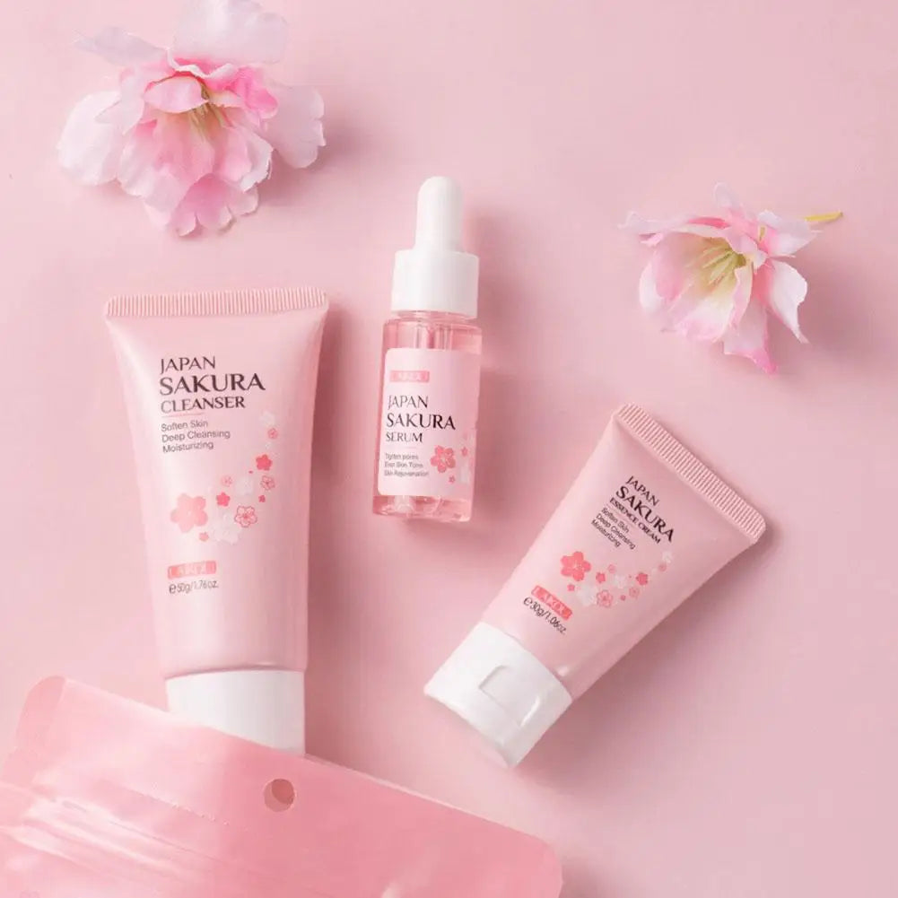 Sakura skin care sets with cleanser, serum, eye cream, facial cream, beauty products for women, travel skin care kit