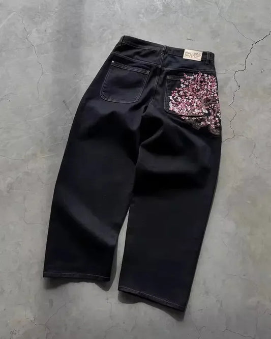 Jean Taille Basse Hip Hop | Fleurs Cerisier Brodé | Jambe Large Unisexe | Y2K Vintage Baggy