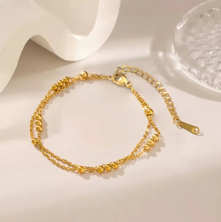 Bracelet Femme Plaqué Or | Double Rang Perles Rondes Rétro | Acier Inoxydable | Cadeau Anniversaire