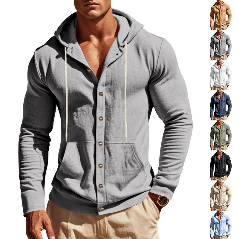 Men's Linen Hoodie Shirt Casual Slim Fit Hooded Long Sleeve Solid Button Down T-shirt Tops New Men Spring Summer Vacation Shirts