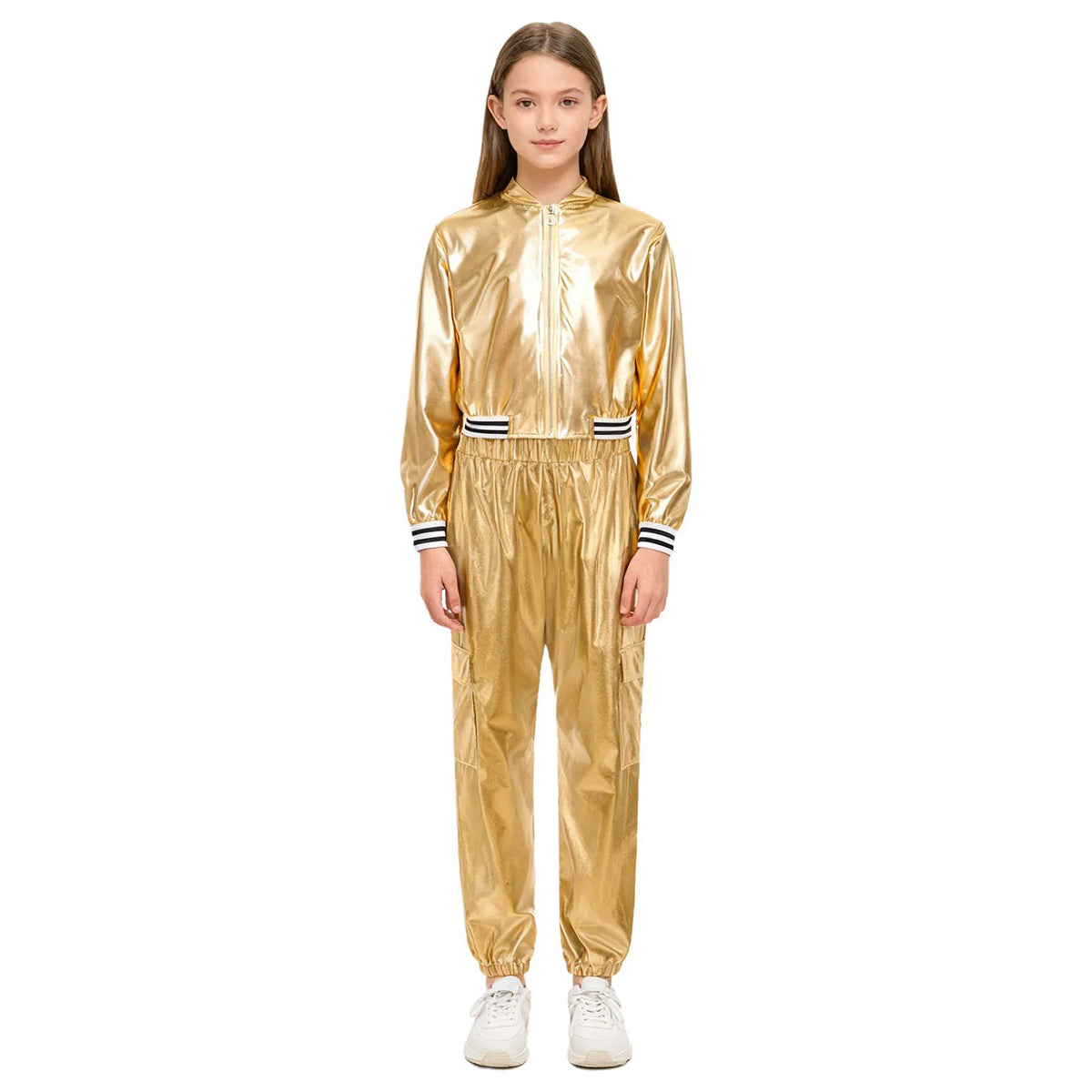 Ensemble Danse Fille Hip Hop | Veste Bomber Métallique & Pantalon | Costume Scène Carnaval Jazz