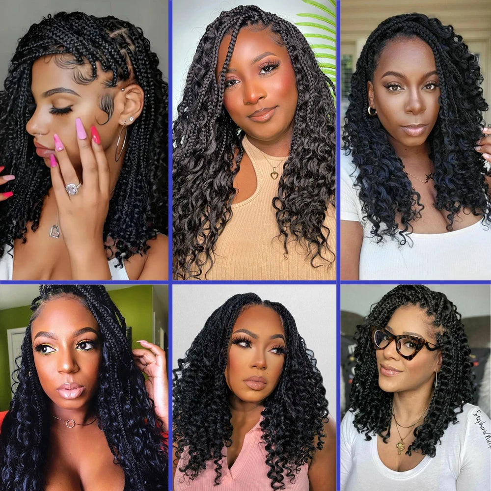 Boho Knotless Box Braided Wigs Full Double Lace Short Braid Wig for Black Women Human Hair Blended Braided Wig with Boho Curls