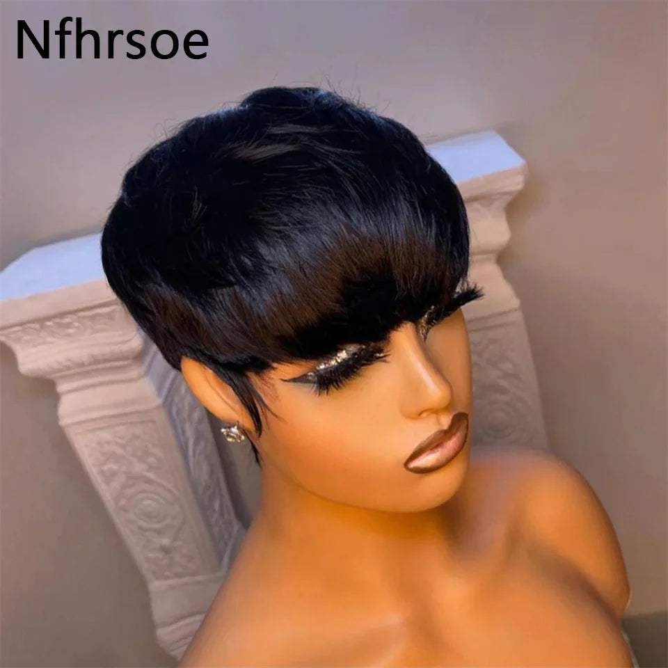 Short Straight Bob Wig Pixie Cut Wigs Human Hair For Black Women With Bangs Brazilian Virgin Hair Non Lace Front Cheap Wig Black