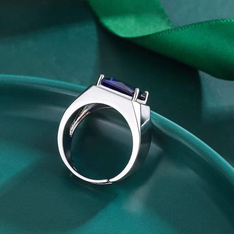 925 Sterling Silver Adjustable Ring for Men with Diamonds Sapphire and Emerald Open Design Jewelry Accessories for Men Gift