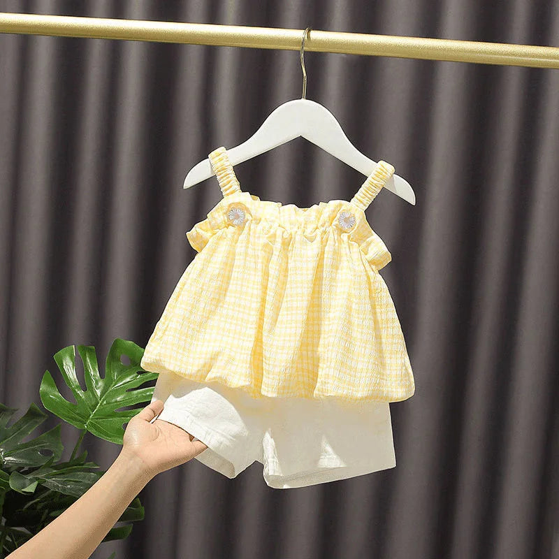 Girls Outfit Set 2026 Summer Clothing Sets Hollow Lace Suit Baby Casual Sleeveless T-shirt+Shorts Kids Clothes Sets Baby Clothes
