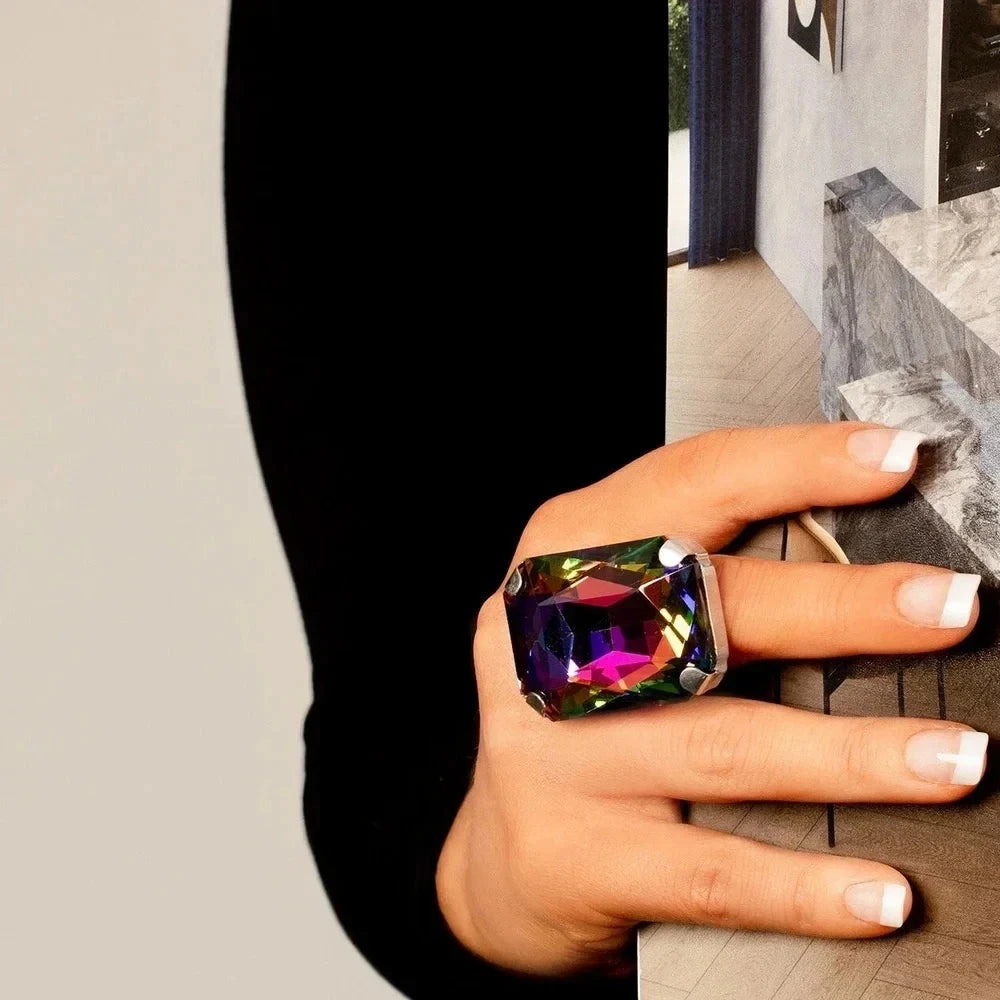 Bague Grand Cristal Rectangle Exagéré | Coloré Champagne | Ajustable Statement | Bijou Femme