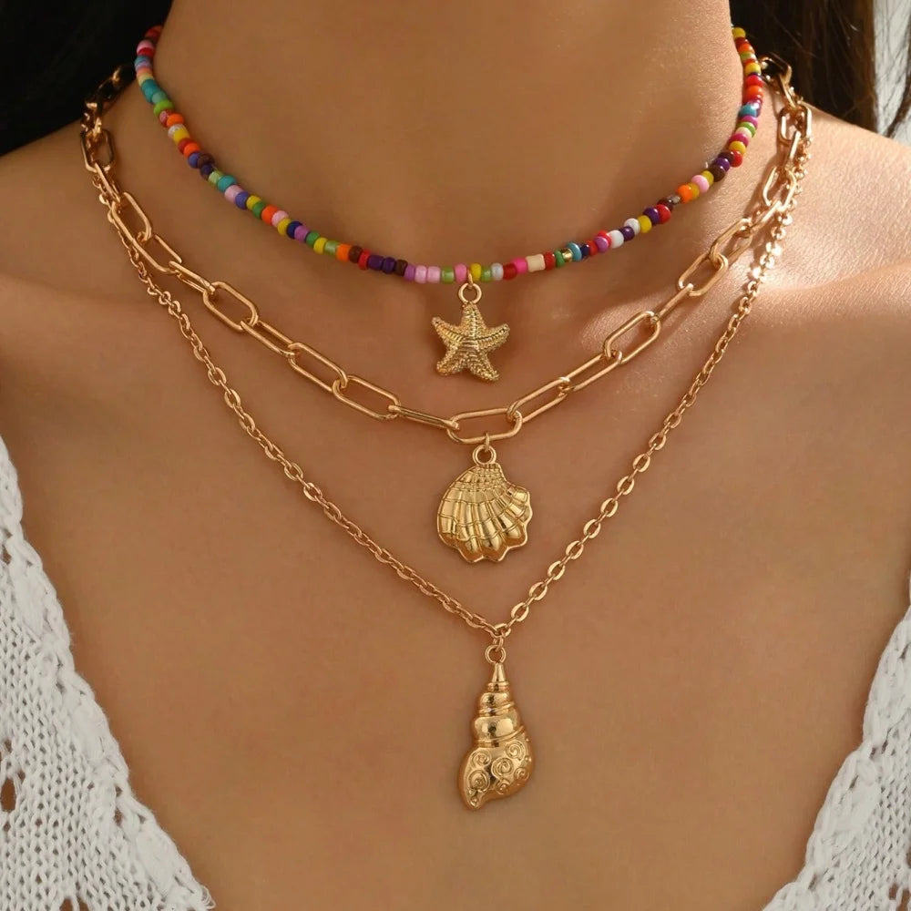 Collier Perles Bohème Multicouche Fait Main | Tassel Coloré Pendentif | Bijou Femme Accessoire