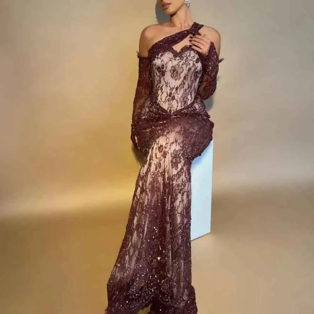 Customized Draped Soft Evening Dresses One Shoulder Lace Special Occasion Dress with Detachable Sleeve Burgundy Long Gown