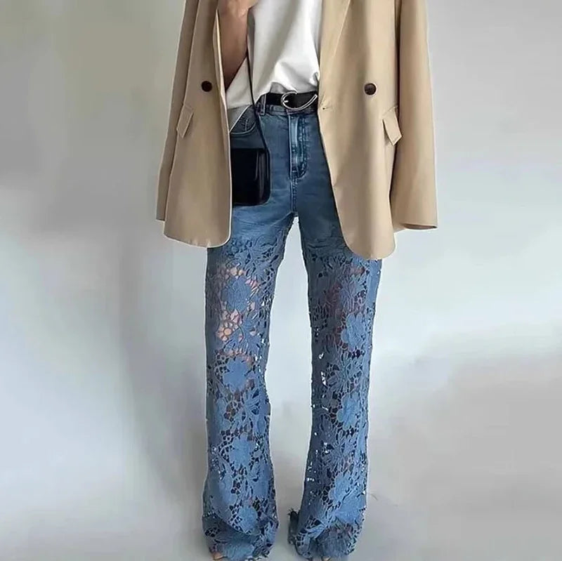 Jean Femme Taille Haute Jambe Large | Dentelle Ajournée Denim | Coton Printemps-Été | Style High Street | XS à XXXL