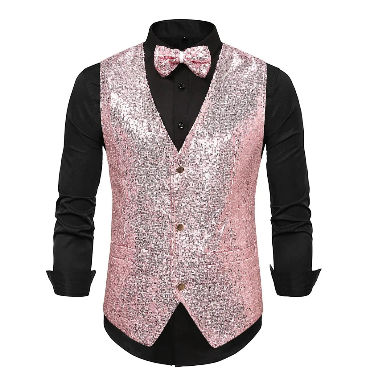 Luxury Vest for Men V-neck Slim Sparkling Tailcoat Solid Plain Waistcoat Bowtie Set Wedding Party Formal Sleeveless Jacket