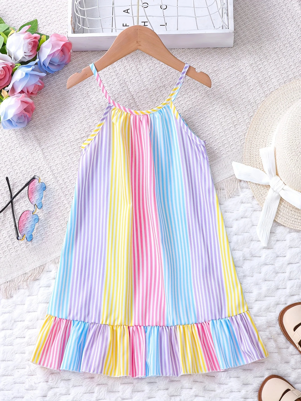 Robe Bretèlles Été Fille | Rayures Colorées Volantée | Plage & Vacances Enfant