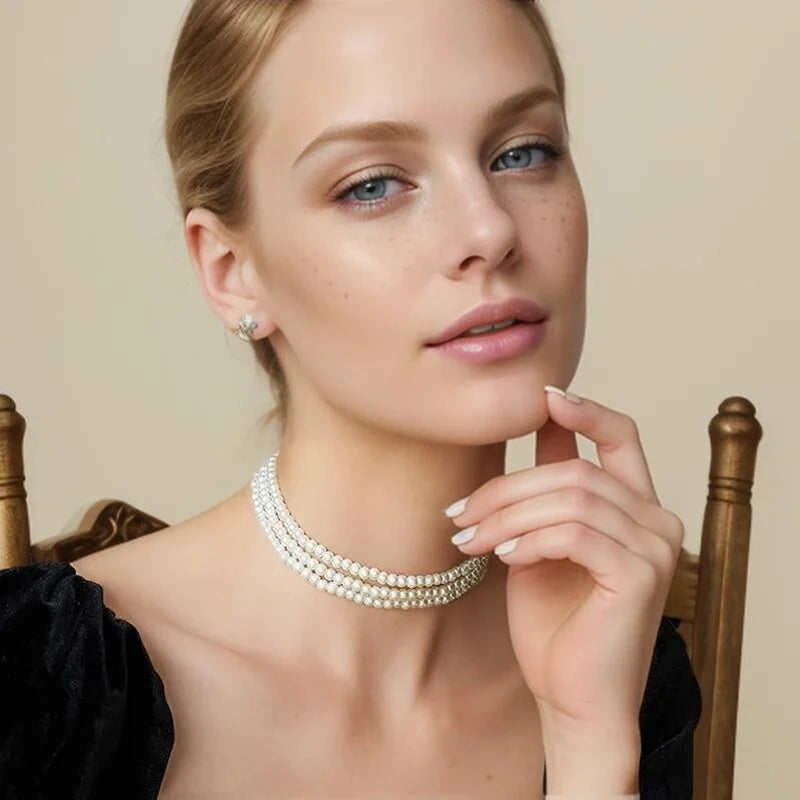 Collier Perle Blanche Multicouche 3-5 Rangées | Choker Bohème | Bijou Mariage Anniversaire Femme