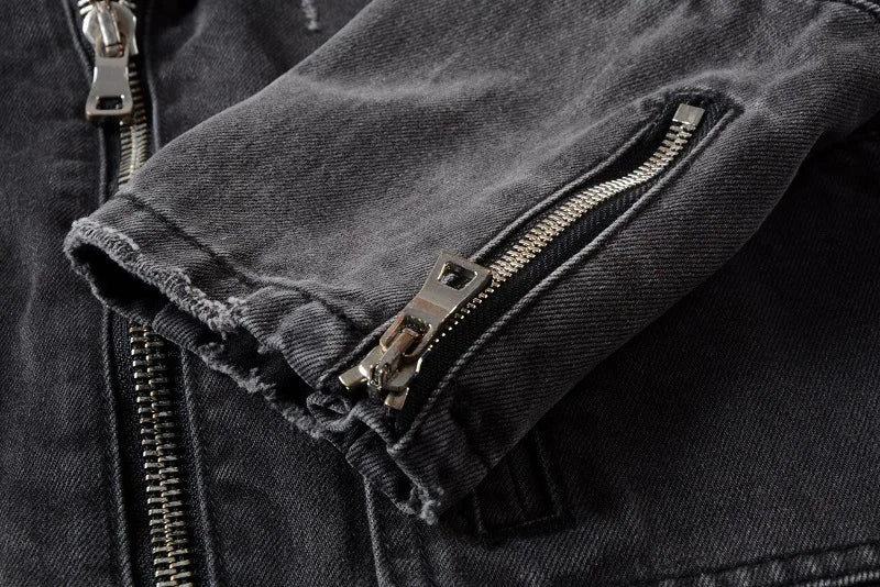 Veste Jean Homme Automne-Hiver | Style Américain Retro High Street Punk | Slim Déchiré Motard