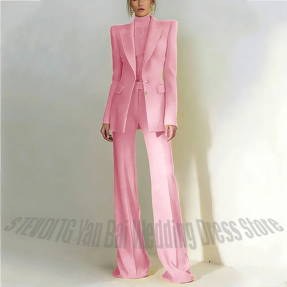 Women's Pant Suit 2 Piece Set Office Female Business Work Formal Jacket Trouser One Button Chic Yellow Peaked Lapel Elegant Suit
