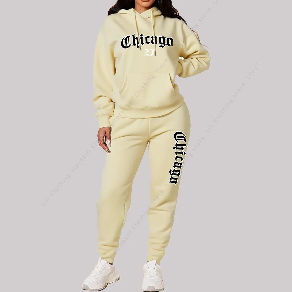 Jogging Femme 2 Pièces | Sweat Capuche & Pantalon | Imprimé Chicago Lettre | Grande Taille Rose