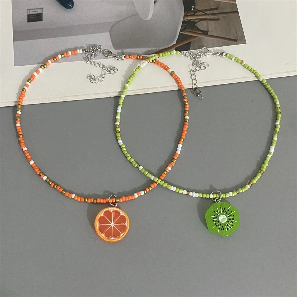 Collier Pendentif Fruits Fait Main | Perles Riz Bohème | Choker Pastèque Citron Fraise | Bijou Fille Femme