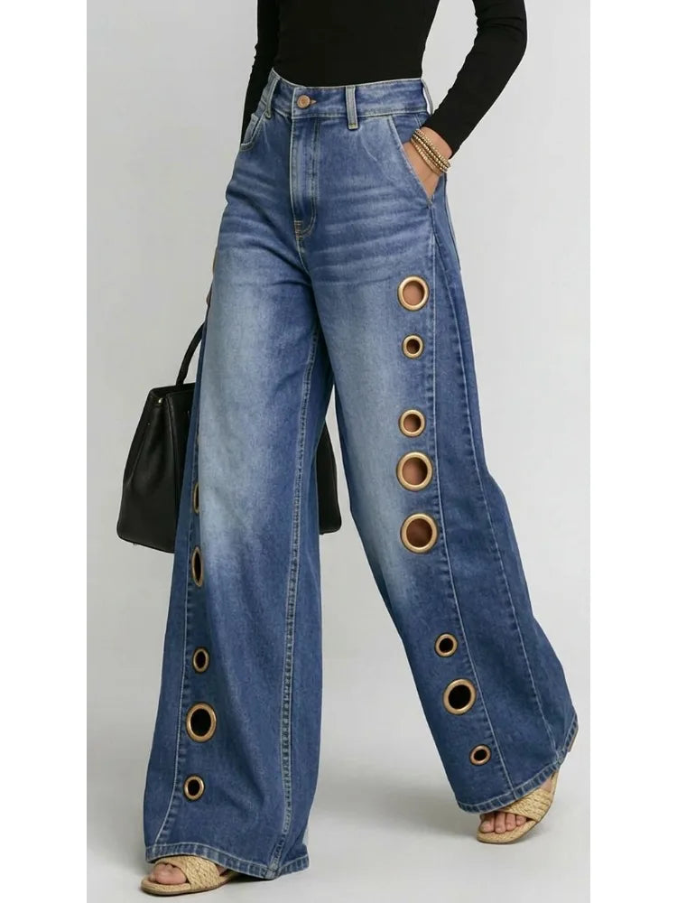 Missuoo Women's Washed Blue High-Waist Metal Grommet Wide Leg Jeans 2026 Casual Loose Fit Streetwear Pants Casual Trousers