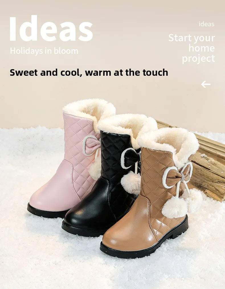 2025 Winter New Fashion Children Princess Boots Waterproof Girls Warm Boots with Bow Kids Snow Boots with Fur Plush