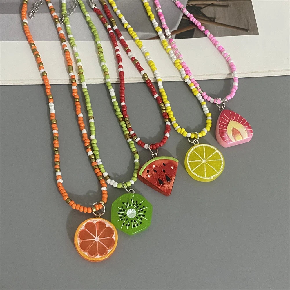 Collier Pendentif Fruits Fait Main | Perles Riz Bohème | Choker Pastèque Citron Fraise | Bijou Fille Femme
