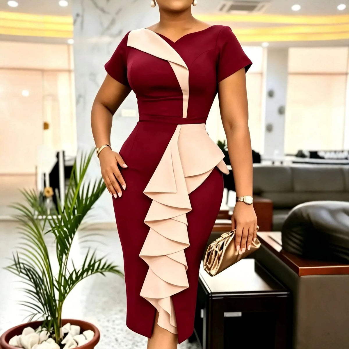 Robe Bodycon Femme Été 2026 | Coupe A-Line Patchwork | Col V Manches Courtes | Taille Cinée Slim Casual