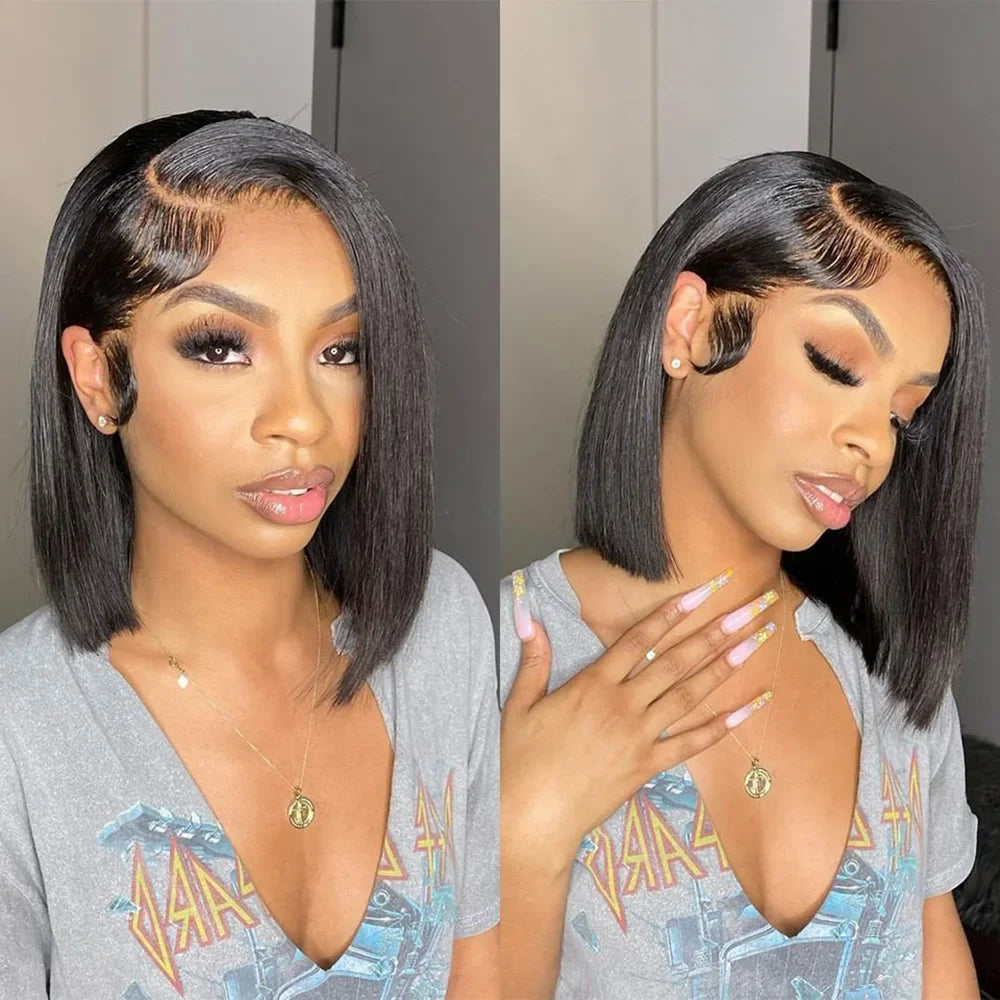 Perruque Lace Front Lisse Bob Courte | 4x4 & 13x4 | Cheveux Humains Brésiliens | Pré-Pluçuée | Femme