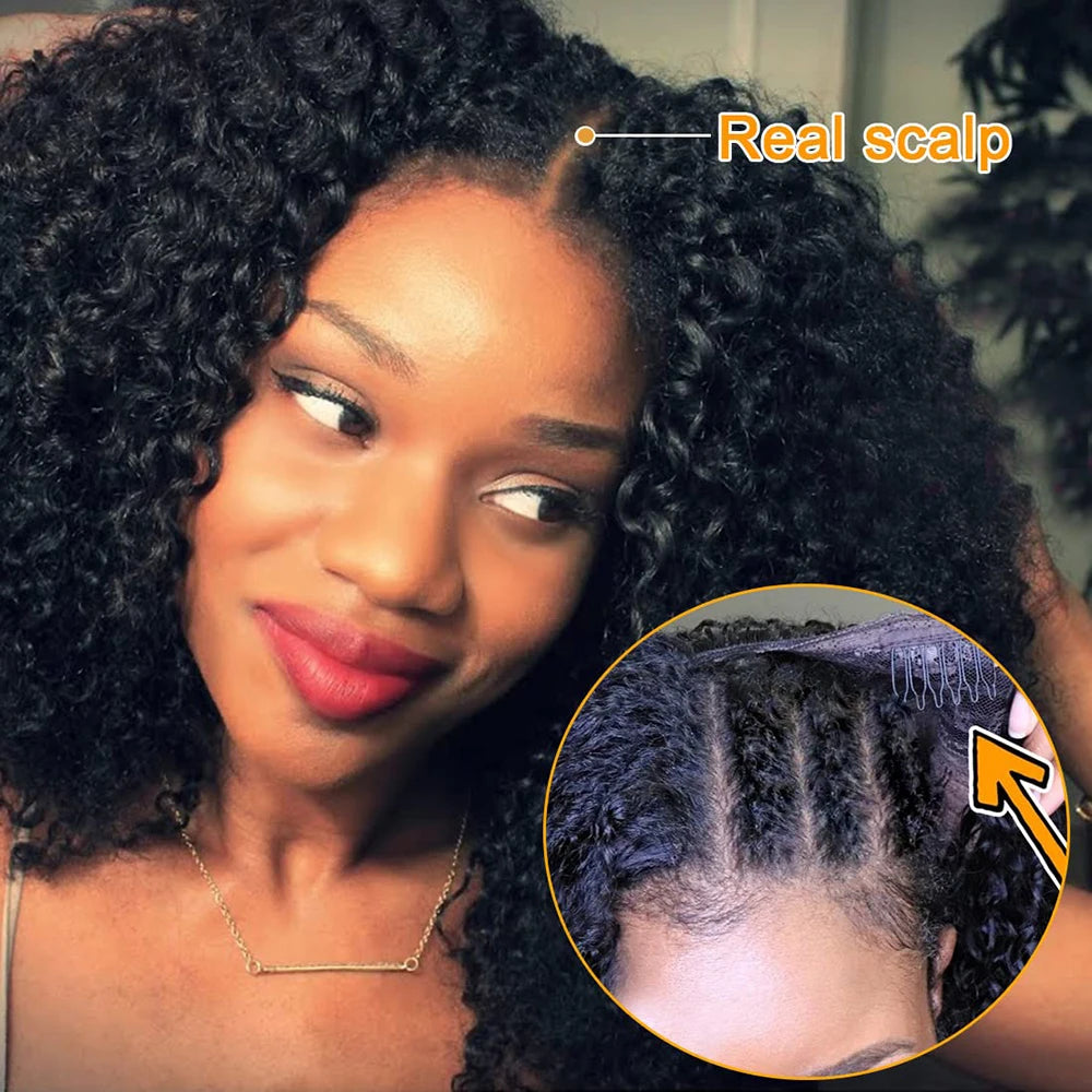 Perruque Kinky Curly U/V Part | Sans Laisse | Sans Colle | Deep Wave | 180% Densité | Cheveux Humains Brésiliens