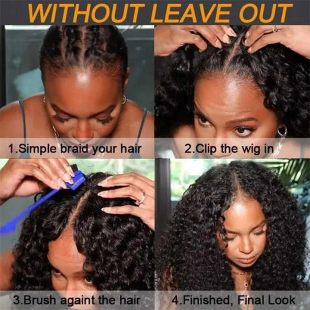 Perruque Kinky Curly U/V Part | Sans Laisse | Sans Colle | Deep Wave | 180% Densité | Cheveux Humains Brésiliens