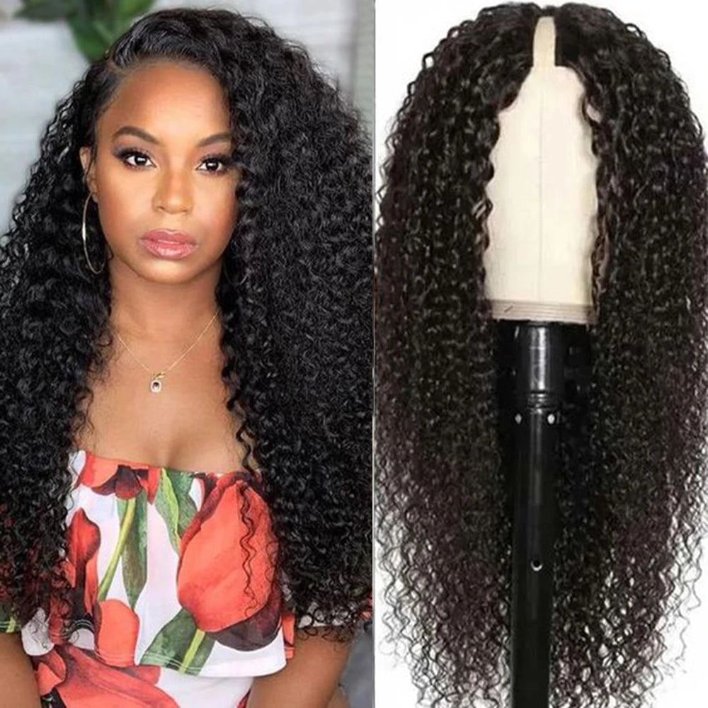 Perruque Kinky Curly U/V Part | Sans Laisse | Sans Colle | Deep Wave | 180% Densité | Cheveux Humains Brésiliens