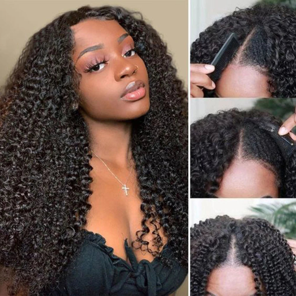 Perruque Kinky Curly U/V Part | Sans Laisse | Sans Colle | Deep Wave | 180% Densité | Cheveux Humains Brésiliens